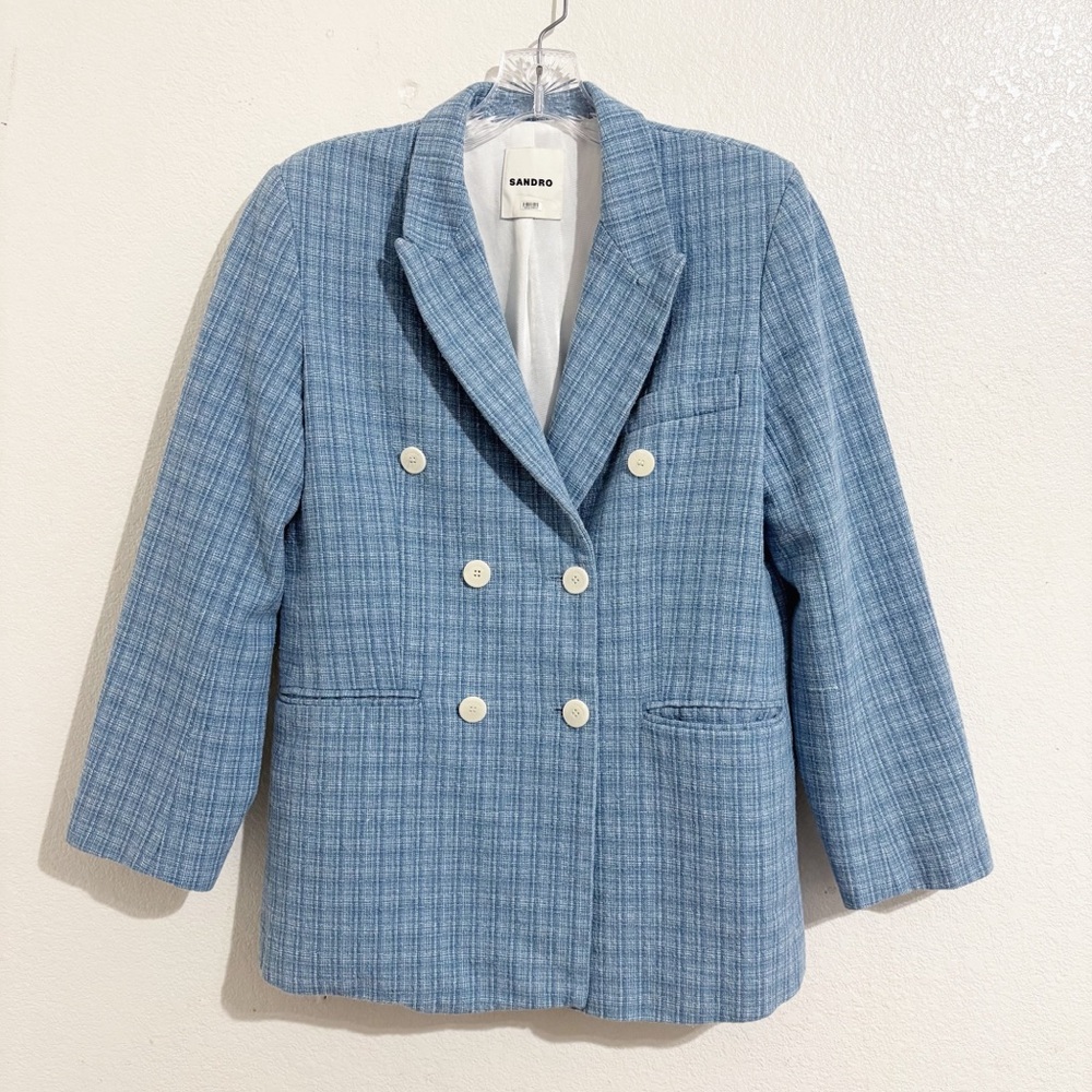 Sandro Nars‎ Double Breasted Tweed Blazer in Blue - Picture 6 of 11